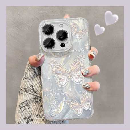 Coque pailletée souple pour iPhone - Papillons argentés sur fond dégradé effet plume argentée