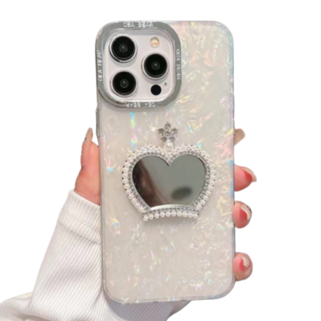 Coque de protection iPhone nacrée avec miroir cœur, perles et couronne – Design chic et maquillage pratique