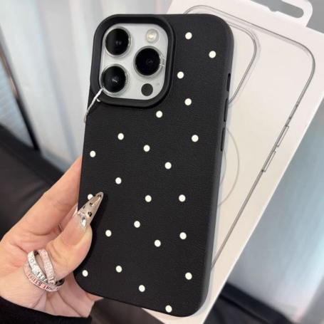 Coque de Protection pour iPhone en texture "Litchi" noir classique - Pois blancs Référence